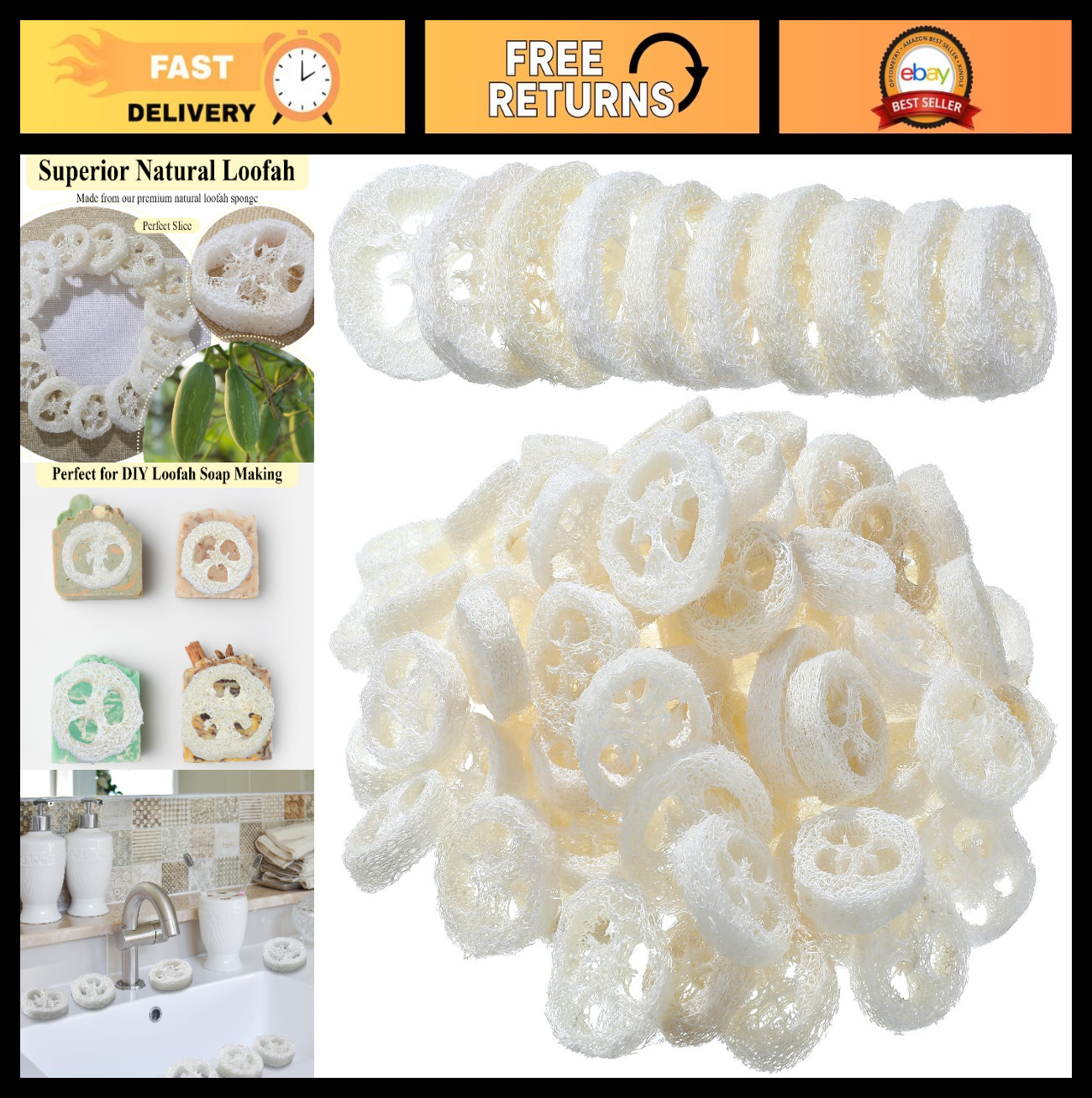 120 Pcs Natural Loofah Slices – Organic Exfoliating Sponge for Soap Making & Bat