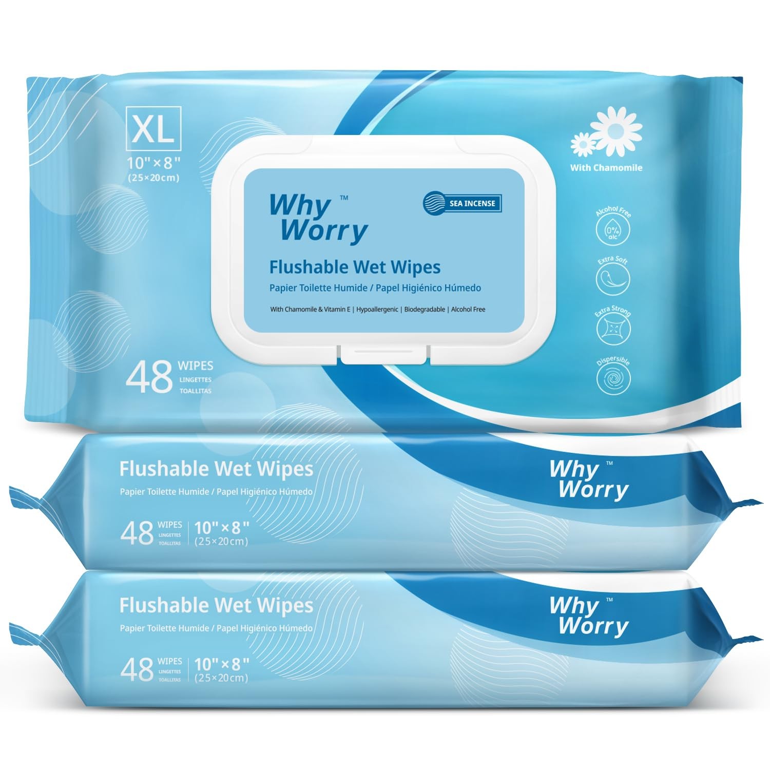 WhyWorry Flushable Wipes for Adults, Extra Large 8″x10″ 48 Count (Pack of 3)