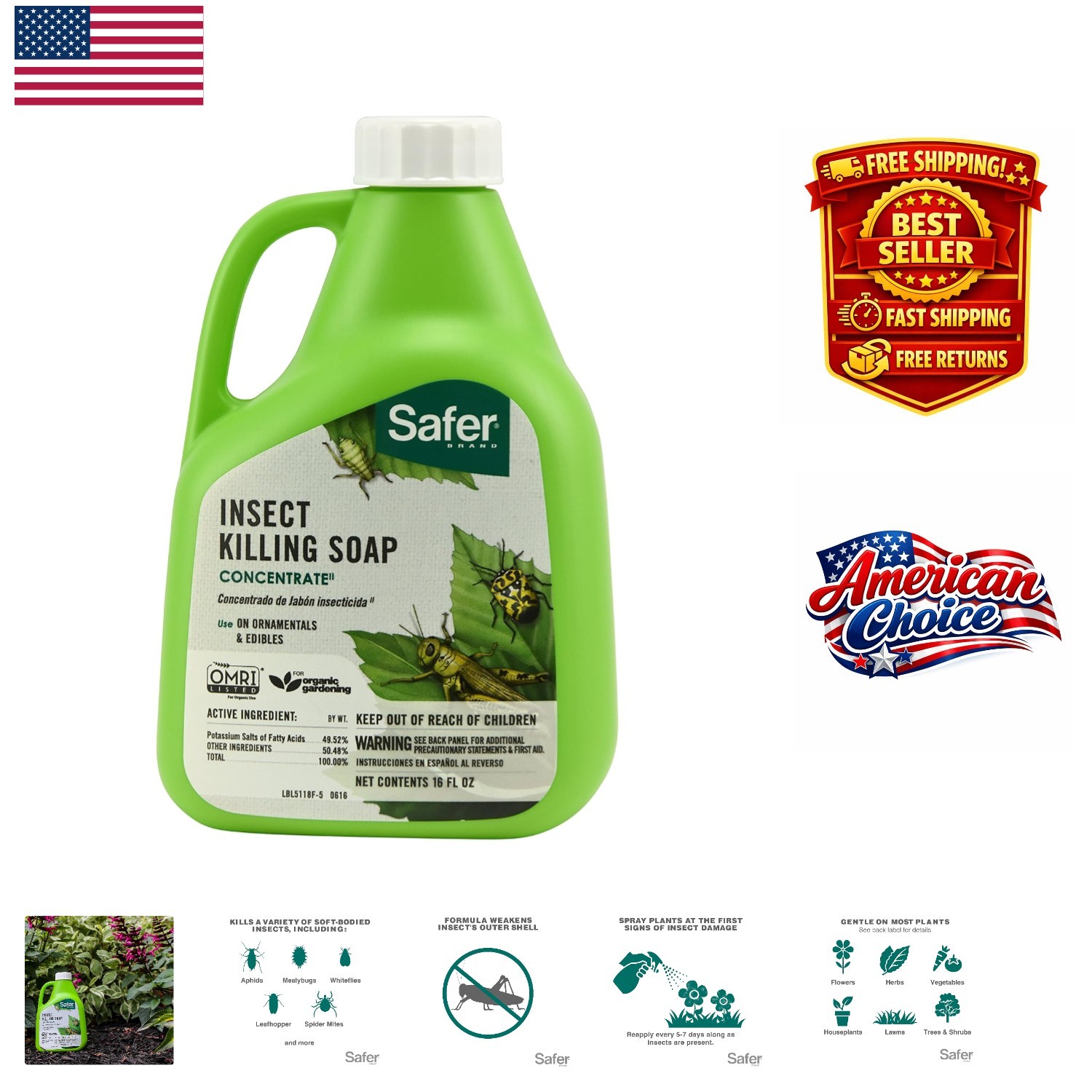 Insect Killing Soap Concentrate – 16 oz OMRI Listed for Plant Protection