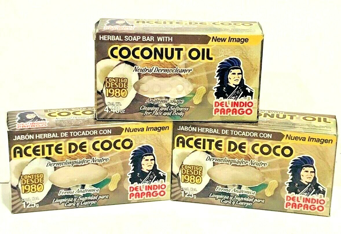 DEL INDIO PAPAGO COCONUT OIL 3 SOAP FACE AND BODY JAVON COCO CARA Y CUERPO