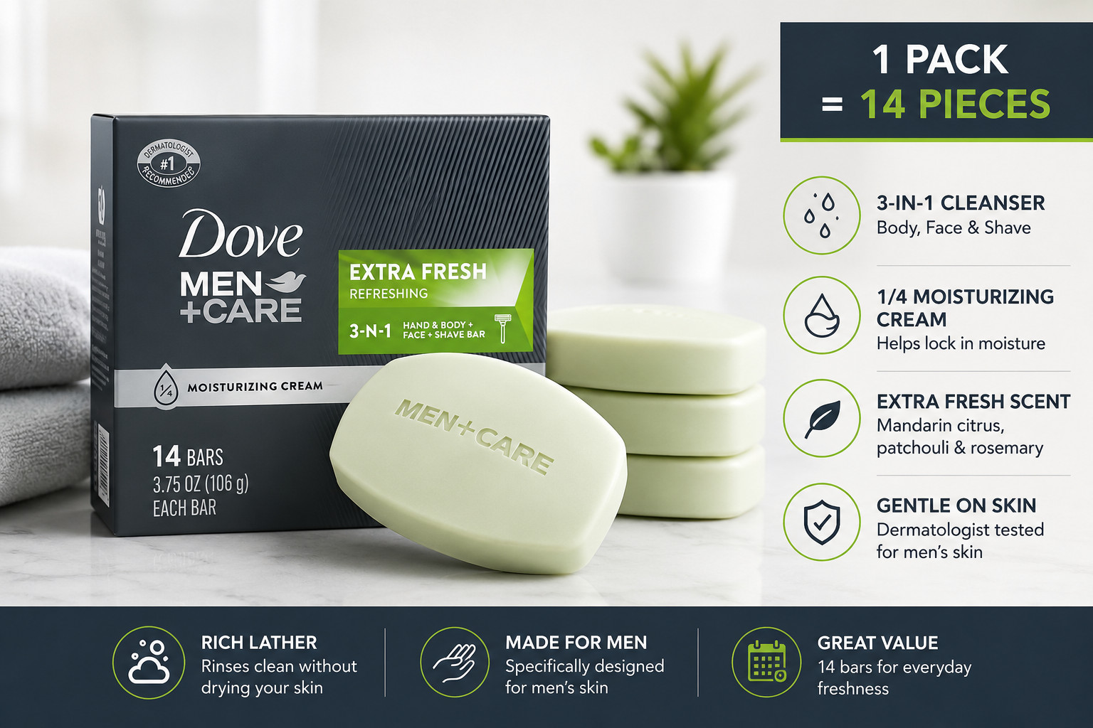 Dove Men+Care Extra Fresh 3-in-1 Body Face Shave Moisturizing Bar Soap