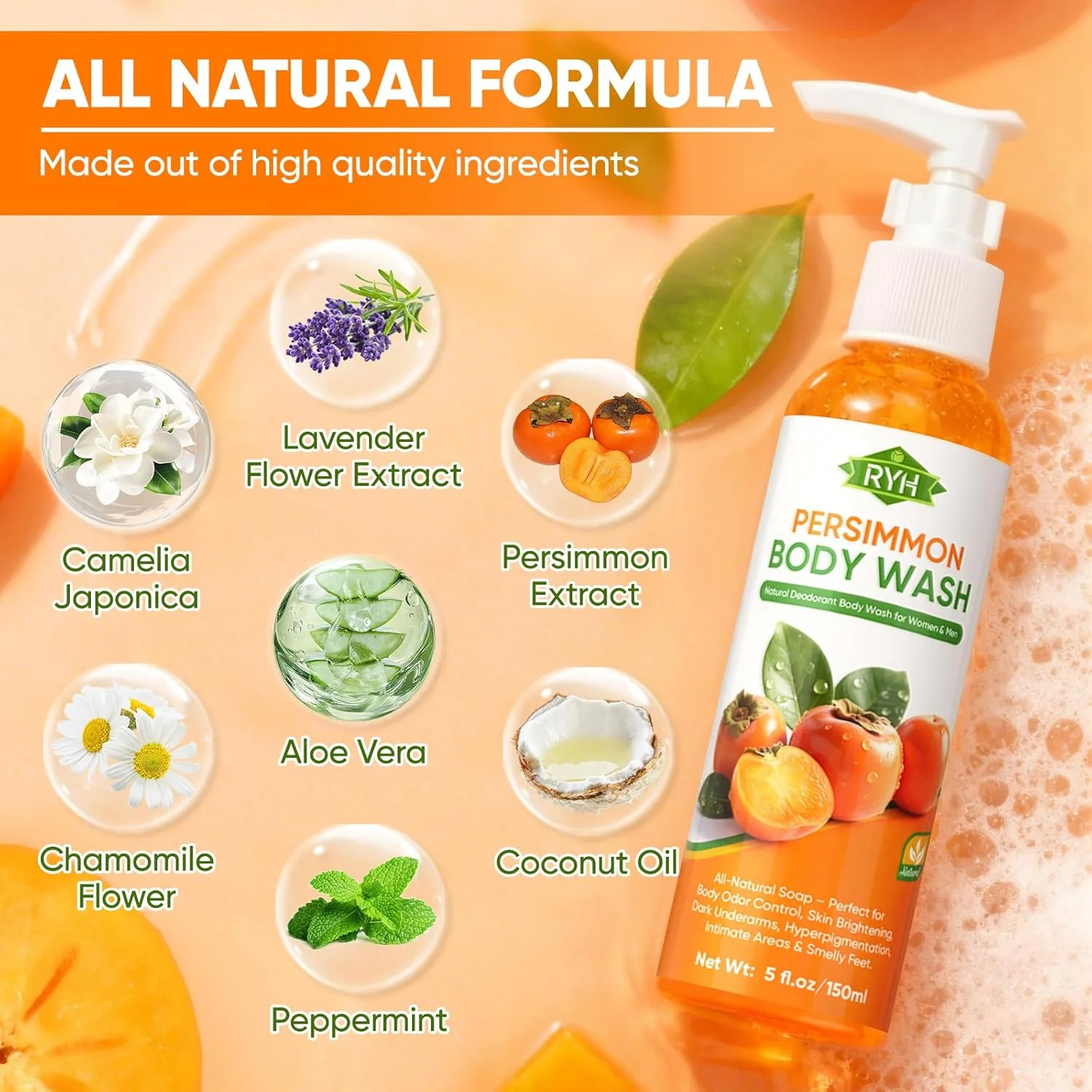 RYH Persimmon Body Wash for Body Odor Control – Natural Deodorant Soap for Elimi