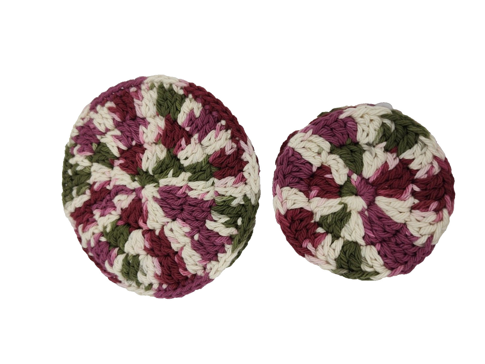 Hand Crochet Set Soap Saver and 4 Facial Scrubbies Cotton Pink Green Round