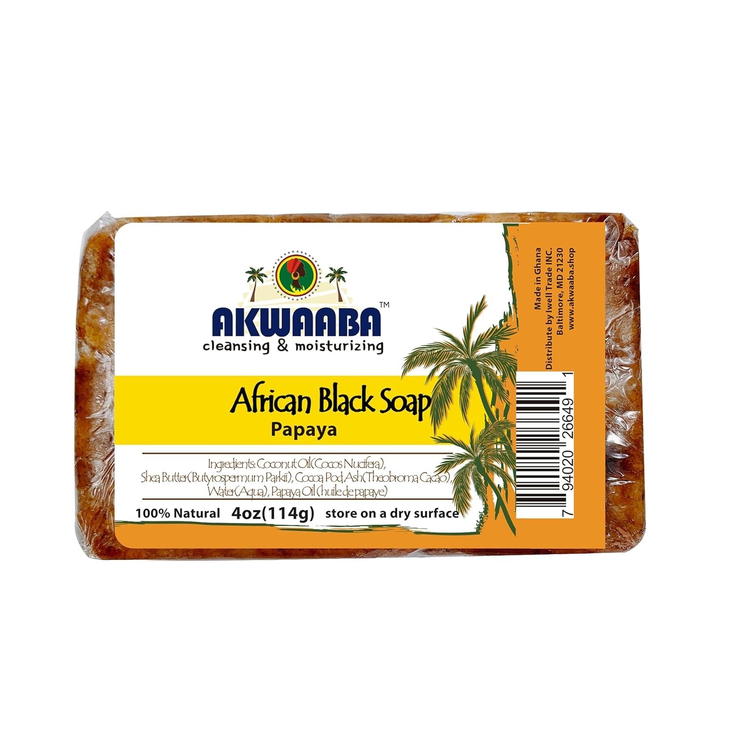 Natural African Black Soap with Papaya | 4 oz Gentle Cleanser for Face & Body