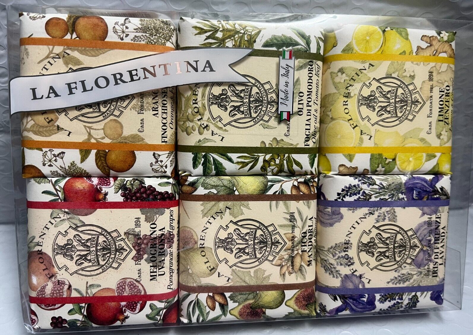 MARIO FISSI LA FLORENTINA ASSORTED SOAP SET,IRIS ORANGE,GRAPE,LEMON,FIG, 6X 3.7