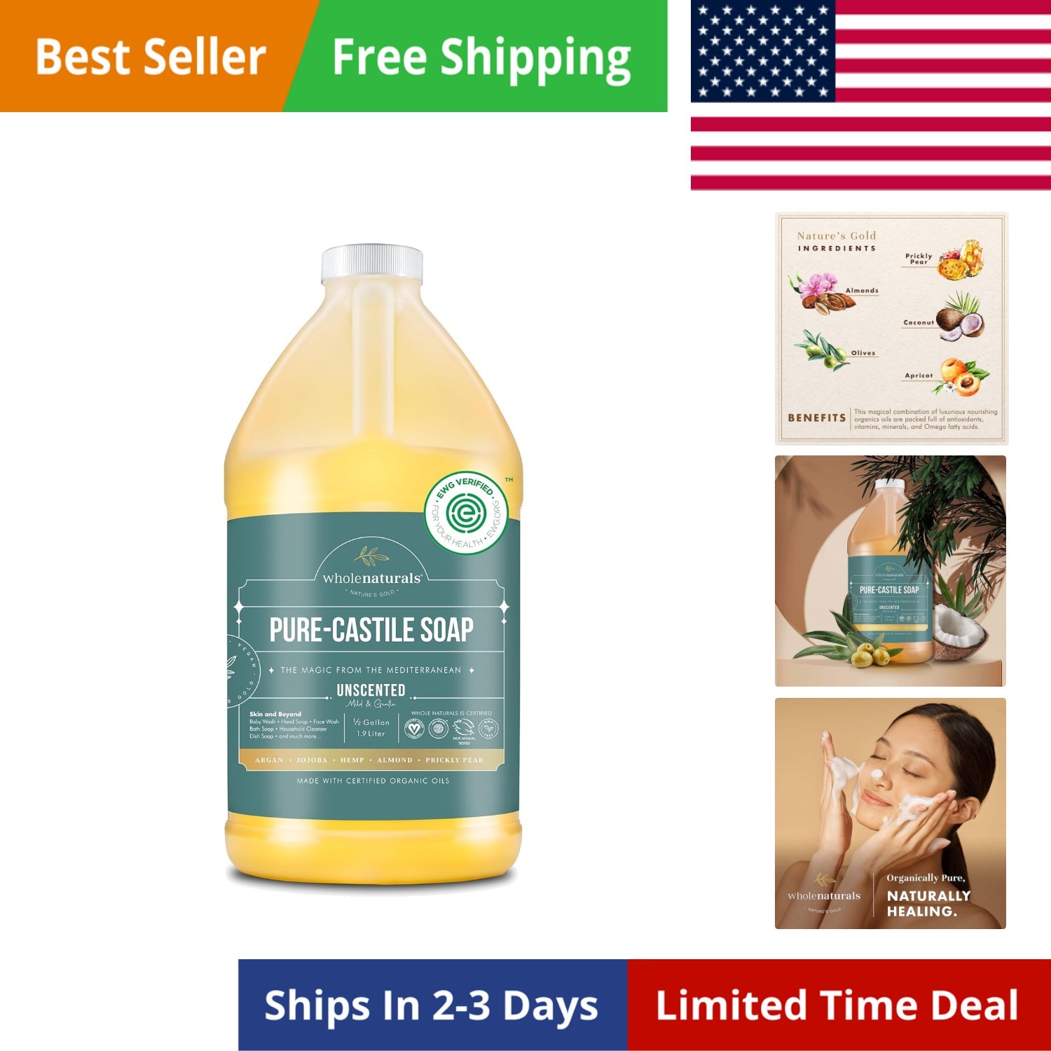 Pure Castile Soap Liquid, EWG Verified & Certified Palm Oil Free Unscented, N…
