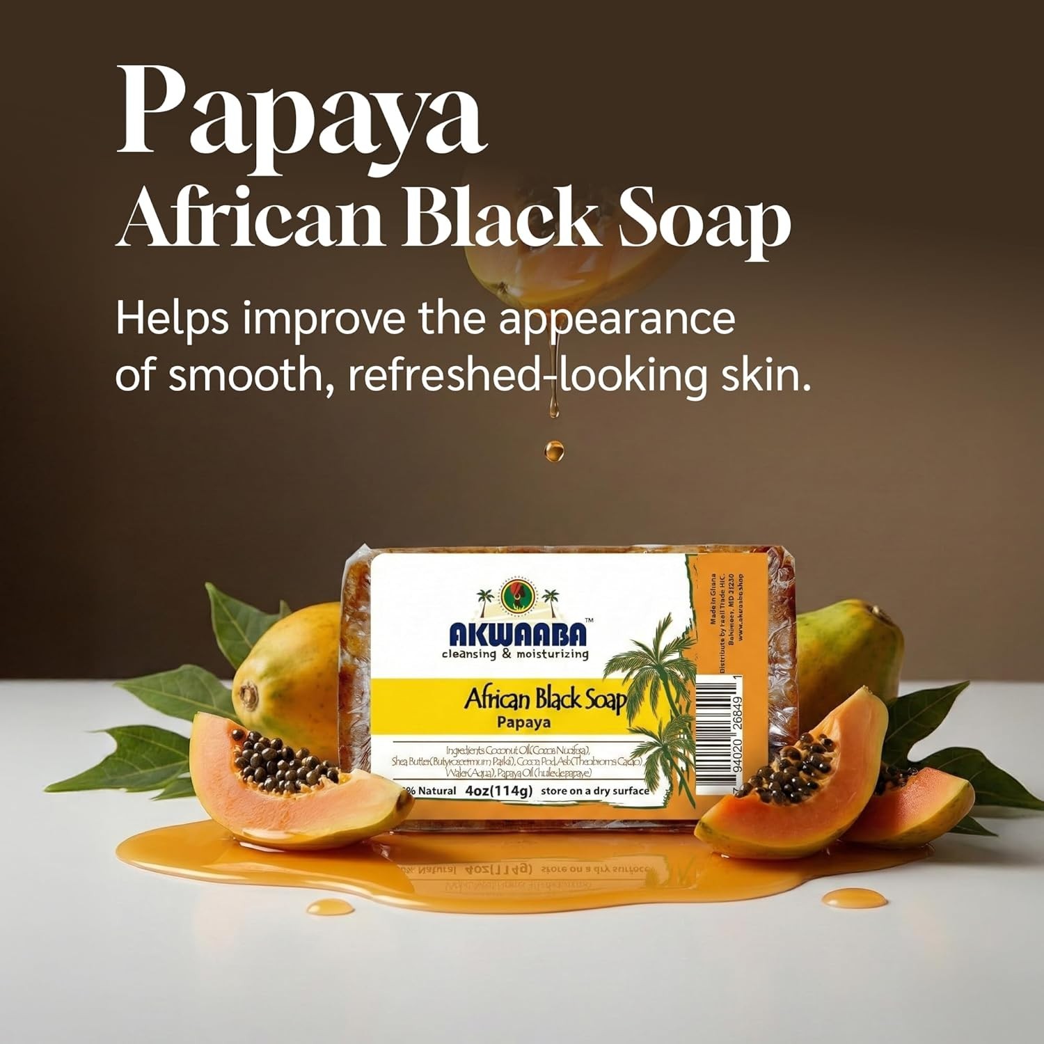 Natural African Black Soap with Papaya | 4 oz Gentle Cleanser for Face & Body