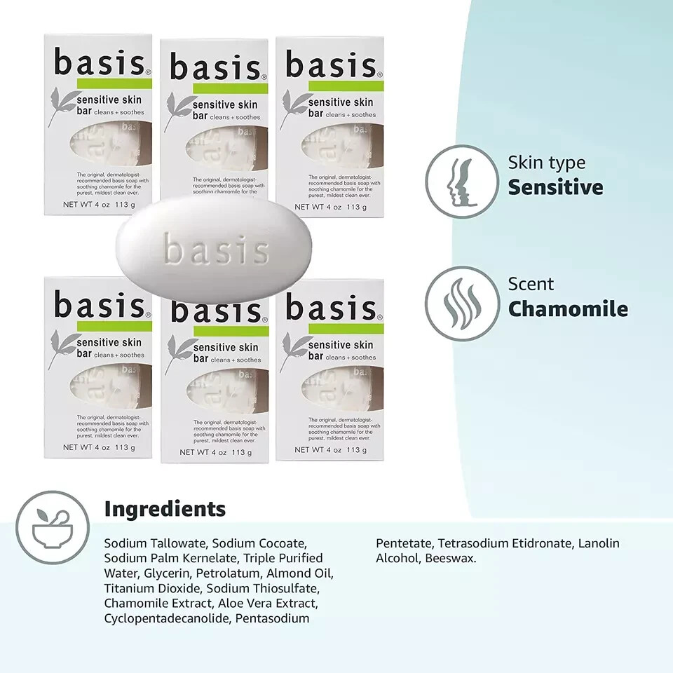 Basis Sensitive Skin Bar Soap – Cleans and Soothes with Chamomile – Pack of 6