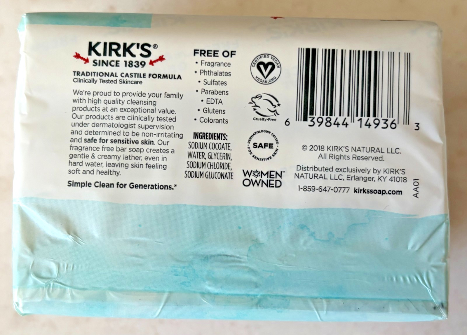 6 – 4 oz Bars Kirk’s Castile Coco Oil Soap Natural Fragrance Free Exp: 7/2030