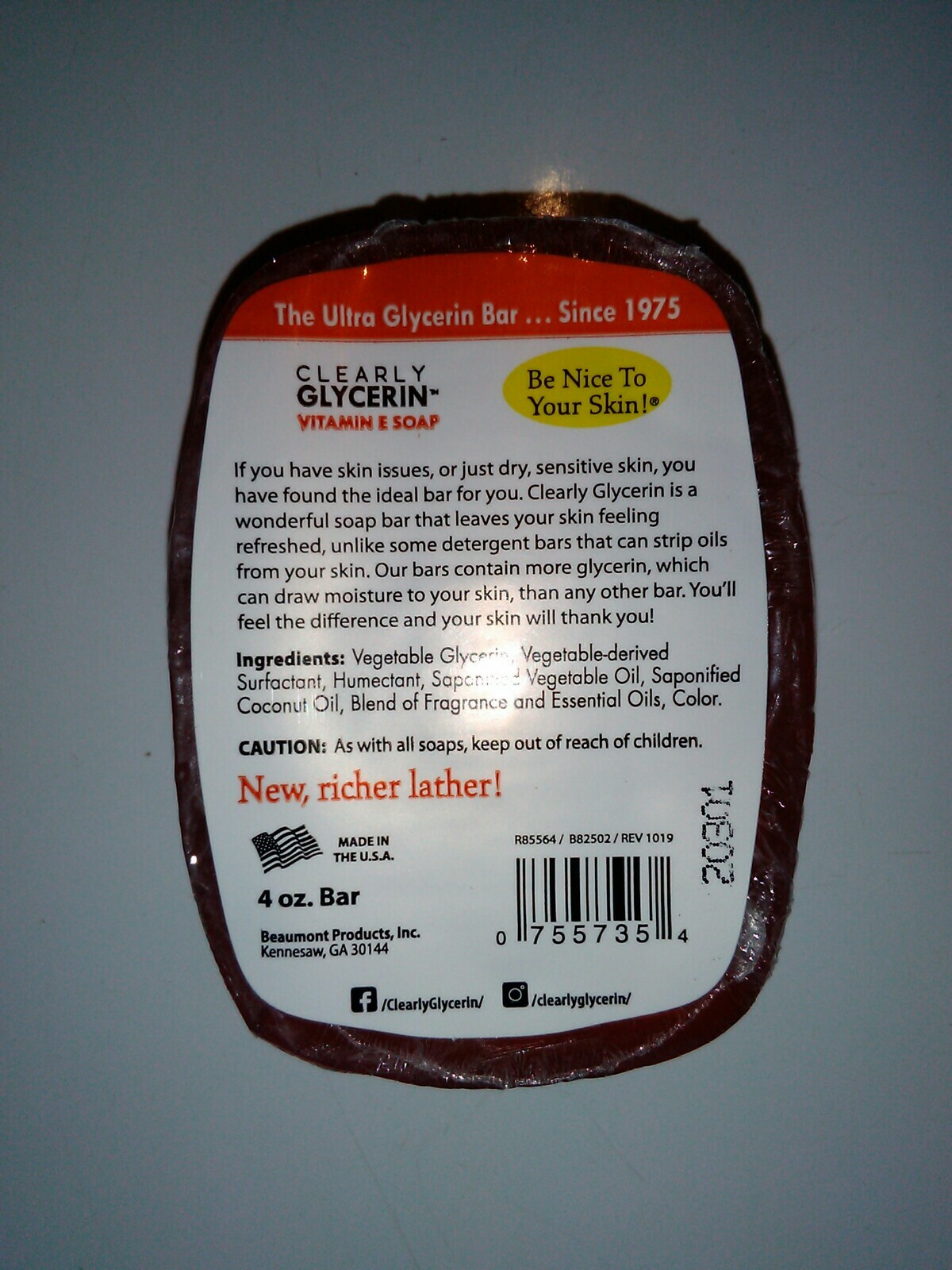 Clearly Glycerin Vitamin E Bar Soap 4 Oz : Brand New : Fast Same Day Ship Out