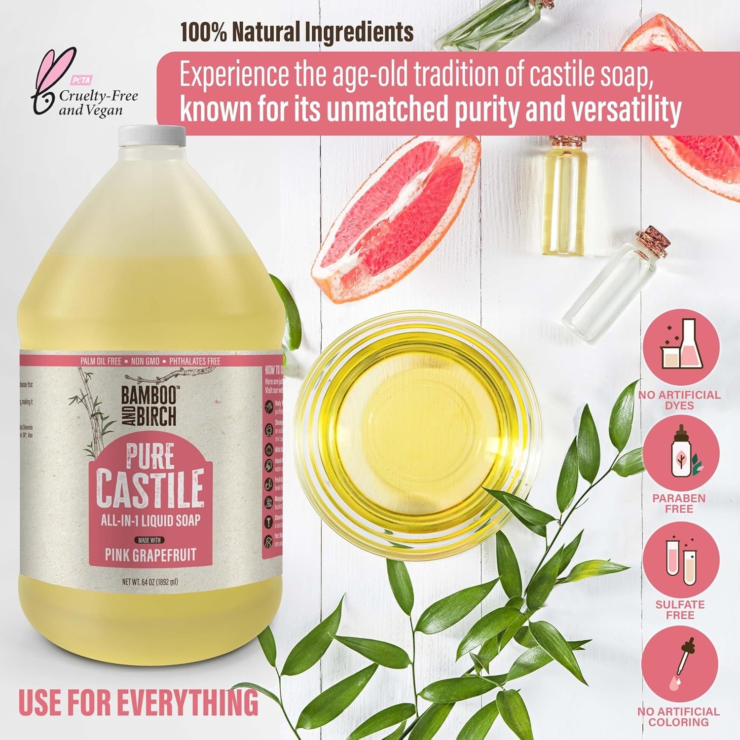 Pure Castile Soap Liquid, Certified Palm Oil Free Natural Soap, Citrus Grapef…