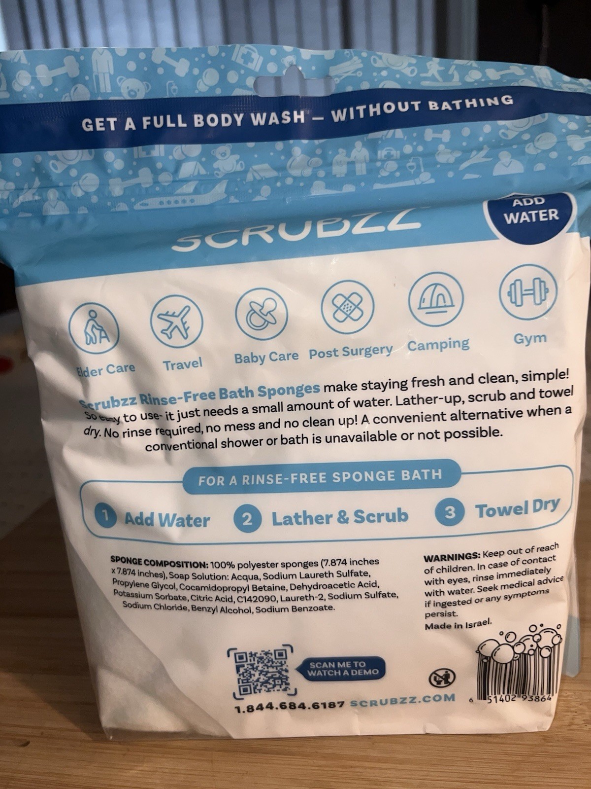 SCRUBZZ DISPOSABLE RINSE FREE TOTAL BODY BATH SPONGES 25 PACK – UNOPENED