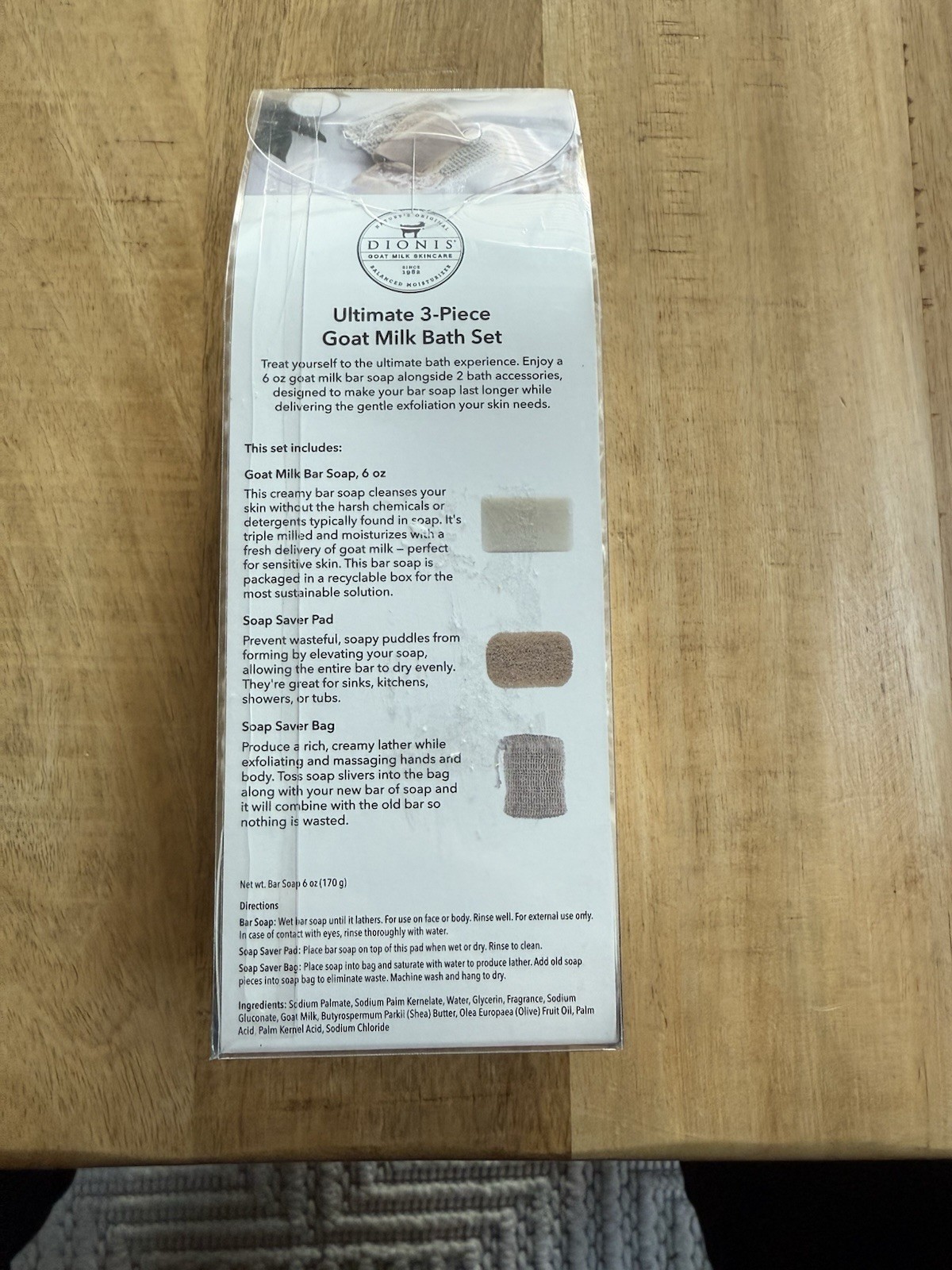 Dionis Goat Milk Bar Soap Bath Set 6oz. Saver Bag & Pad. NEW