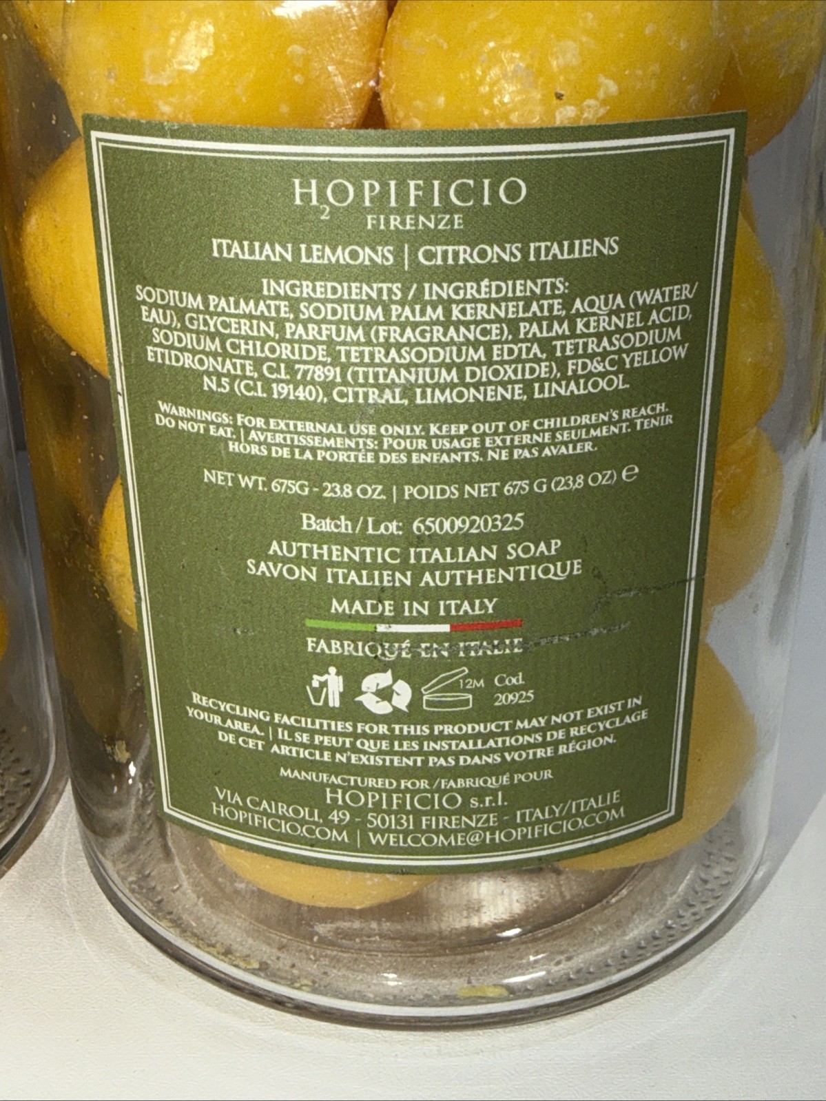 Lot 2 HOPIFICIO FIRENZE Glass Jar Of ITALIAN Triple Milled Lemon Soaps -23.8 Oz