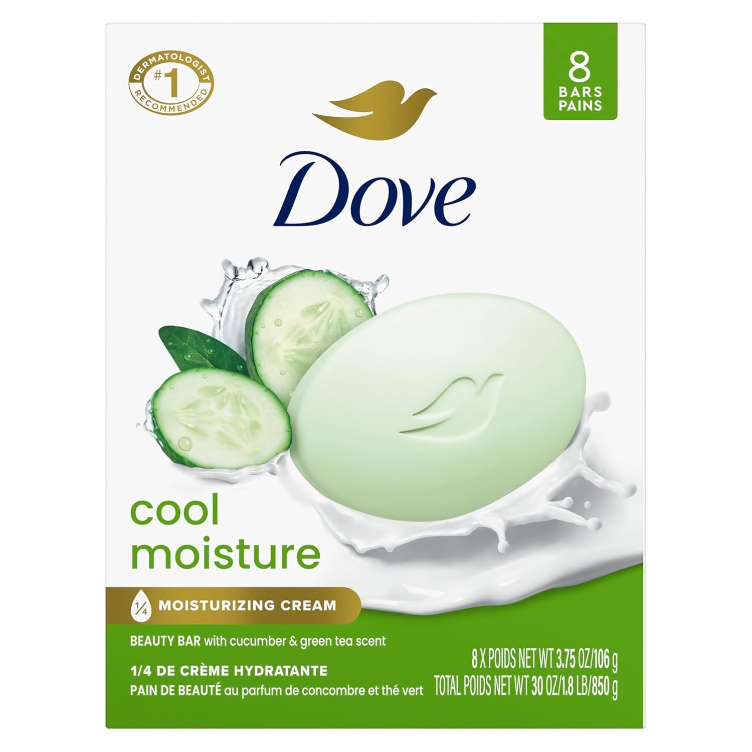 Dove Cool Moisture Beauty Bar Soap 8 Count, Refreshing Cleanser, 3.75 Oz I Moist