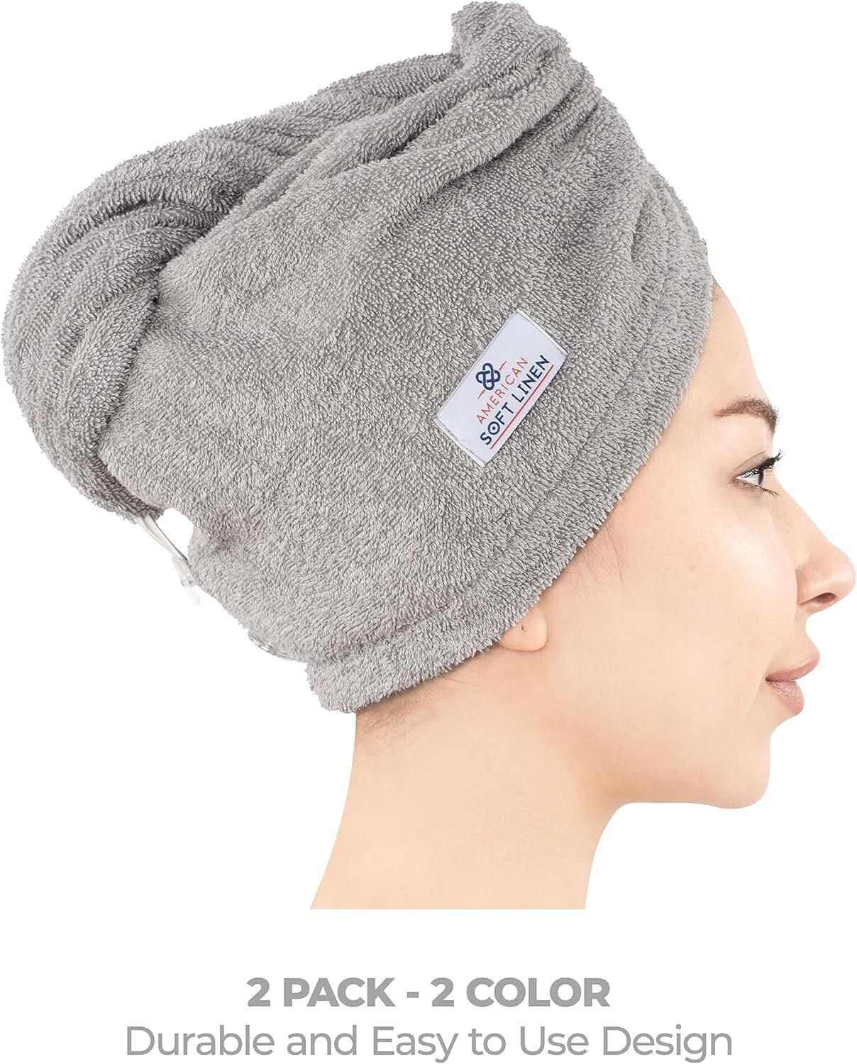 American Soft Linen 100% Cotton Hair Towels for Women, Head Pink – Light Grey