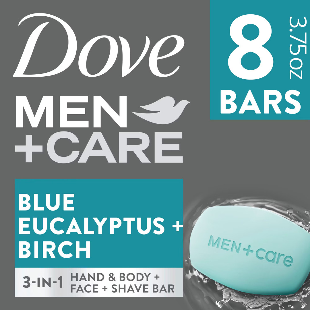 (2 Pack Combo) Dove Men Care 3-in-1 Soap Bar Blue Eucalyptus 3.75oz, 8 Pack Lot