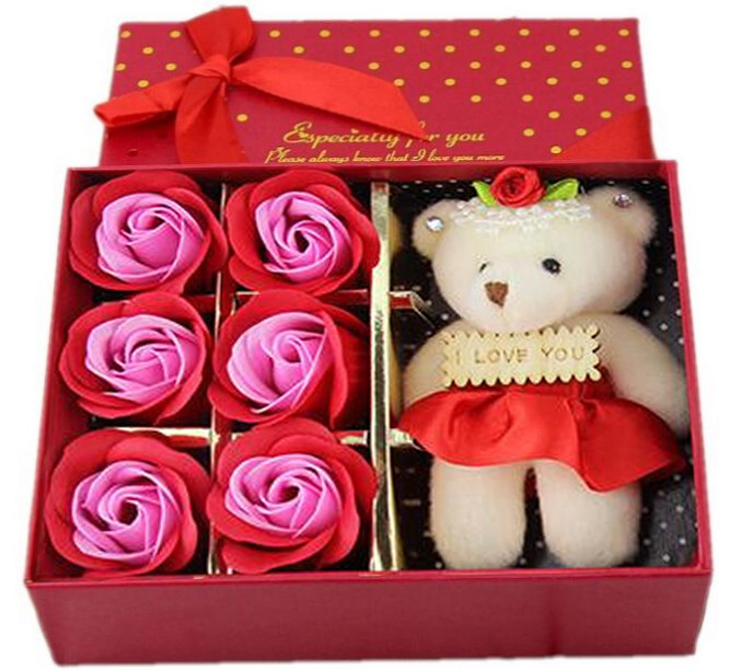 Romantic 6Pcs Scented Soap Rose Flower Petal With i love you bear Valentine Gift