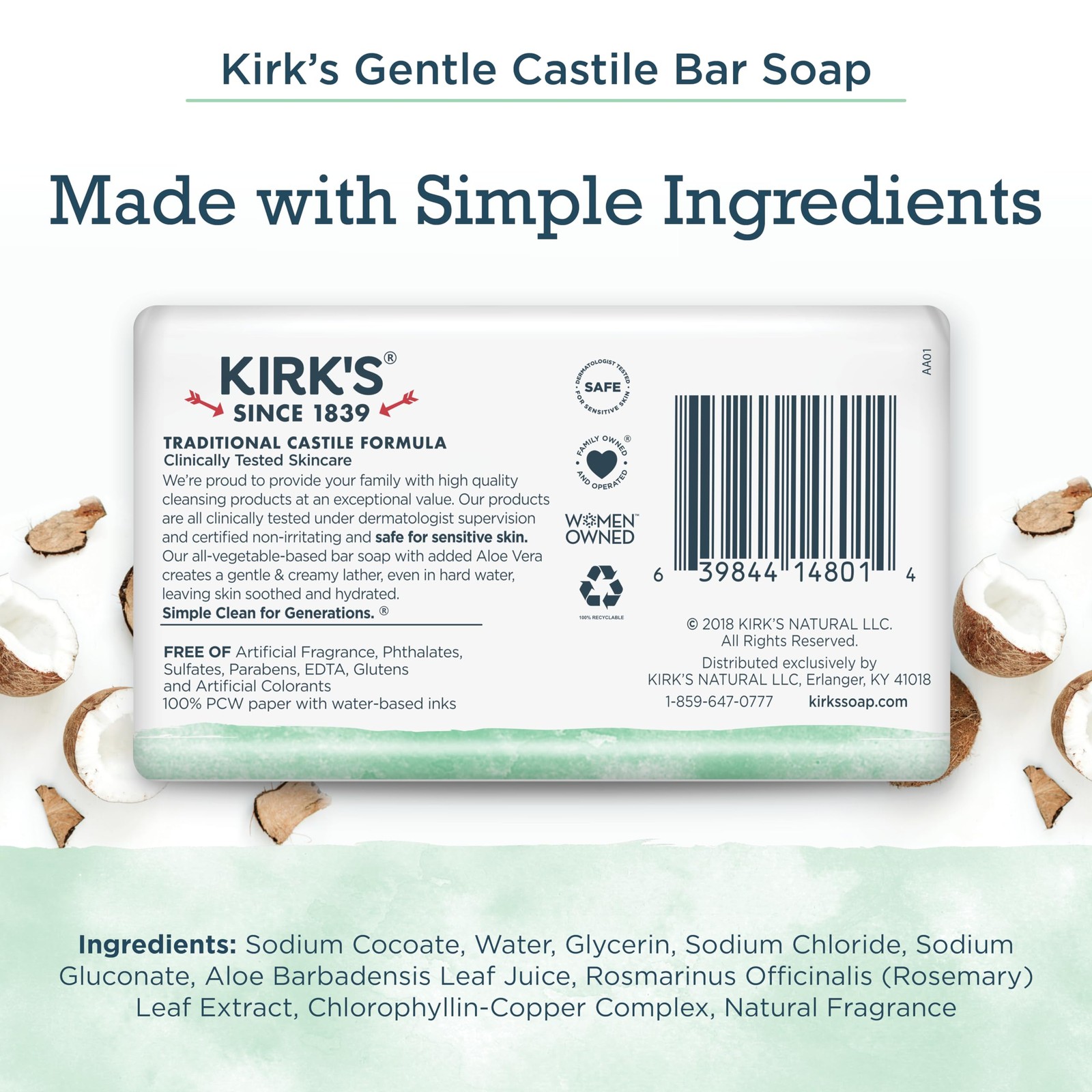 Kirk’s Natural Original Coco Castile Soap with Aloe Vera, 4 Ounce (Pack of 3)