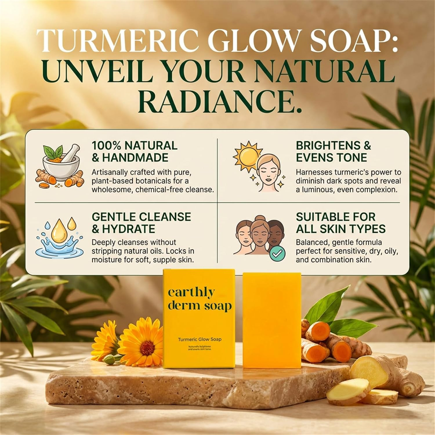 Earthly Derm Turmeric Glow Soap, Handmade Turmeric Cleansing Soap, Body Skin Car