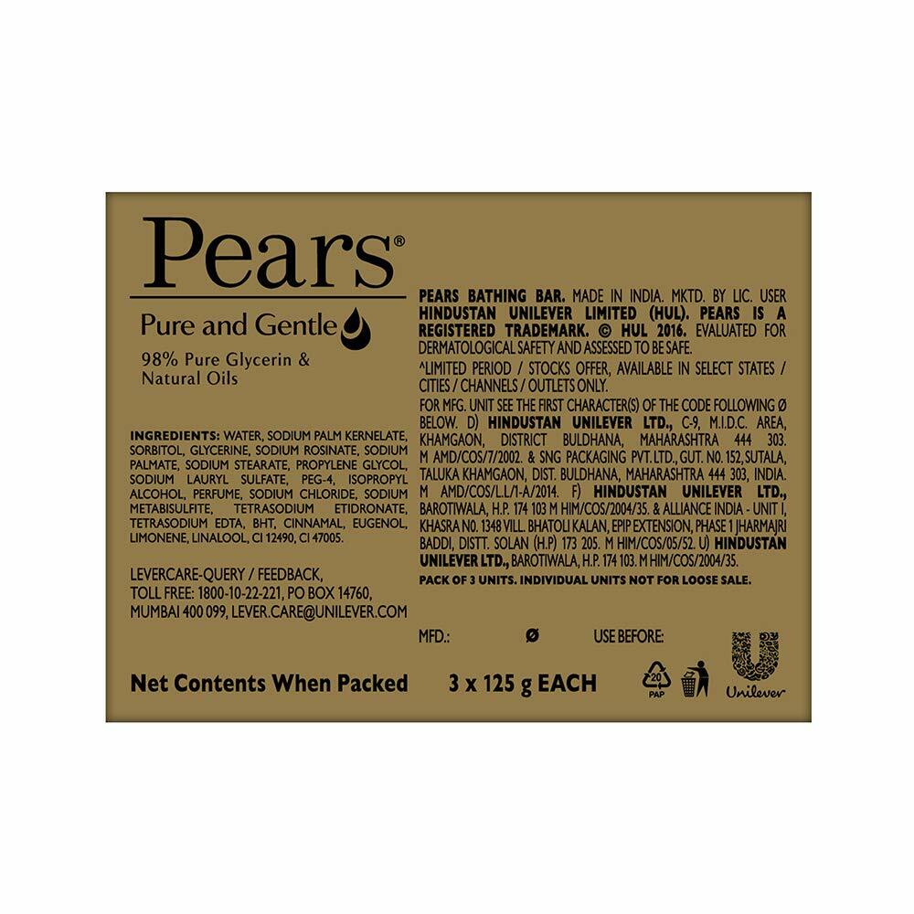 3no. Pears Pure & Gentle Moisturising Bathing Soap Bar with Glycerine -125g -F S