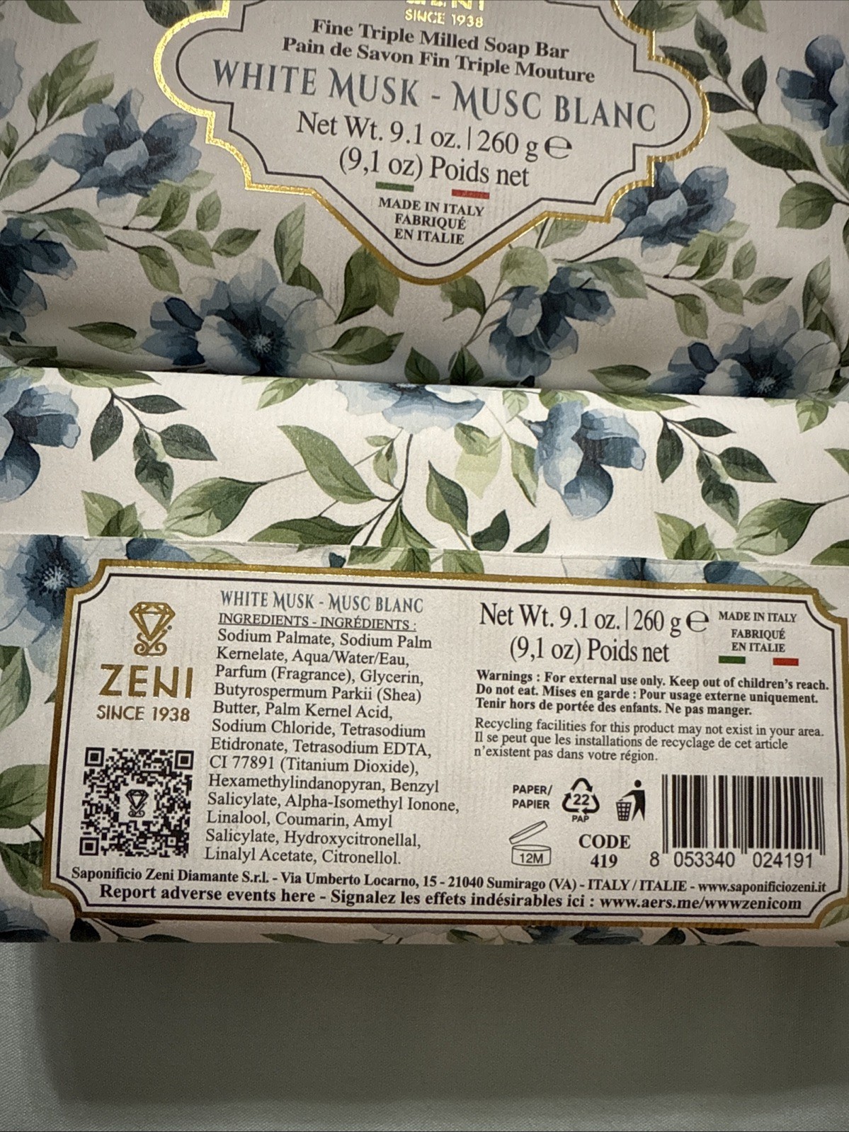 2 pcs ZENI Scent : White Musk fine Milled ITALIAN Soap Bar 9.1 Oz/each