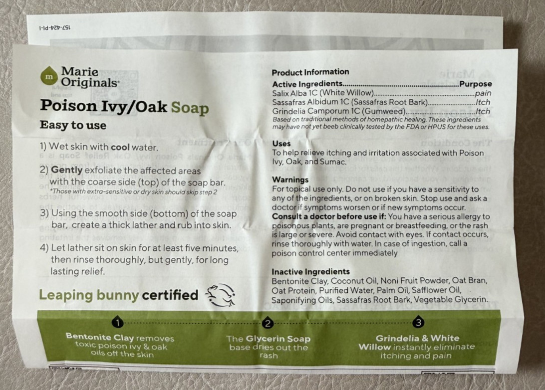 Marie Originals The Bioactive Poison Ivy & Oak Soap 1 Bar NEW