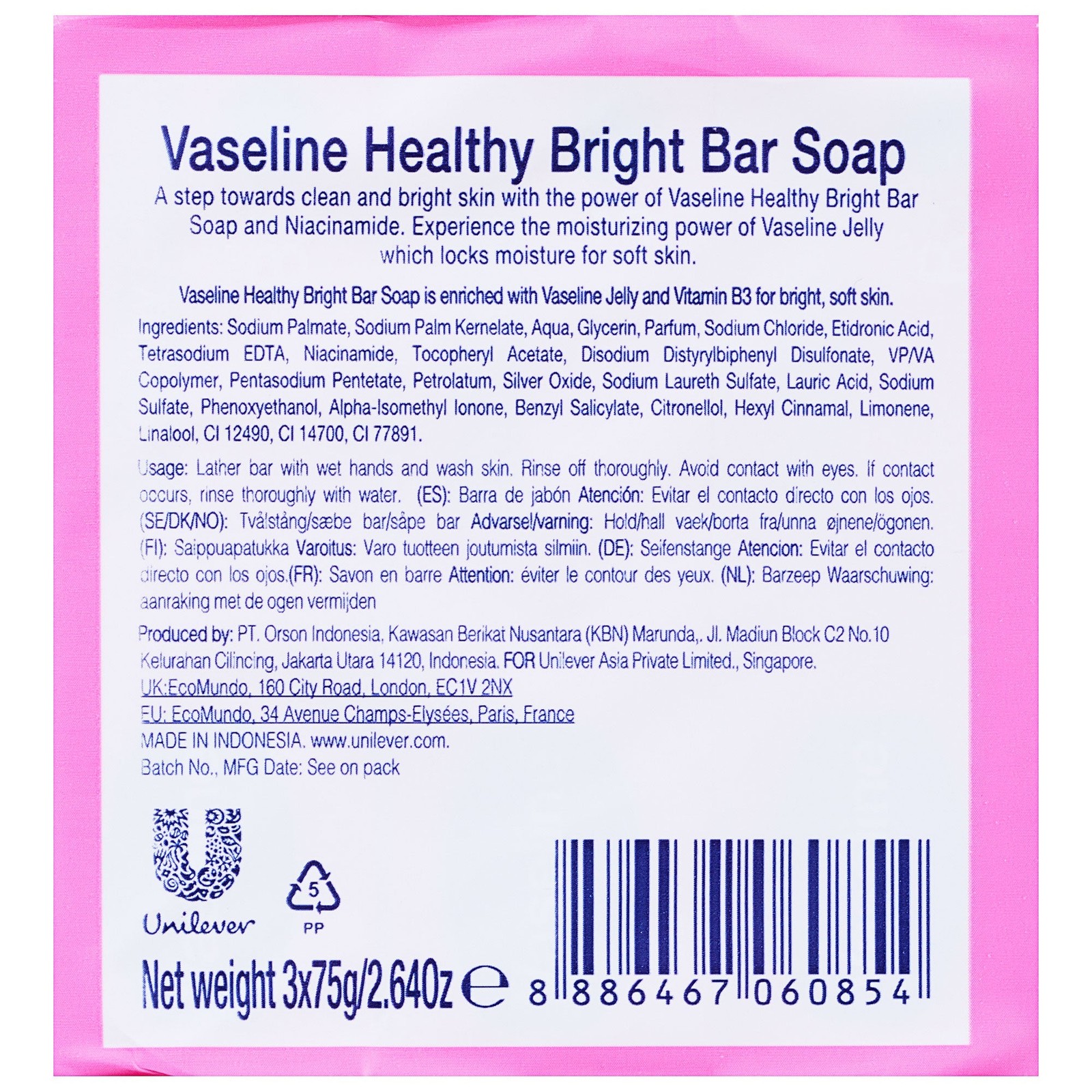 Vaseline Healthy Plus Bar Soap – Healthy Bright Vitamin B3, (3x75g)