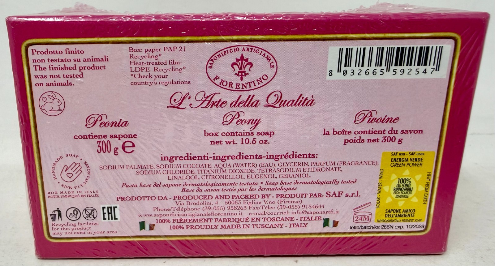 New Saponificio Artigianale Fiorentino Peony Scented Italian Soap 10.5 oz. Italy