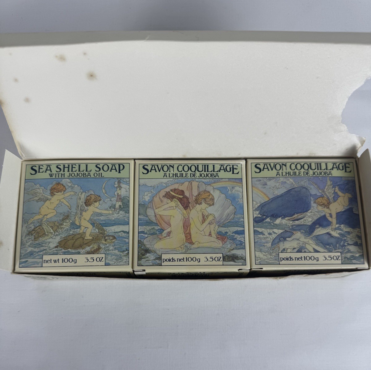 VTG 1988 Crabtree & Evelyn Jojoba Oil Sea Shell Soap Set Of 3 X 3.5oz Coastal -R