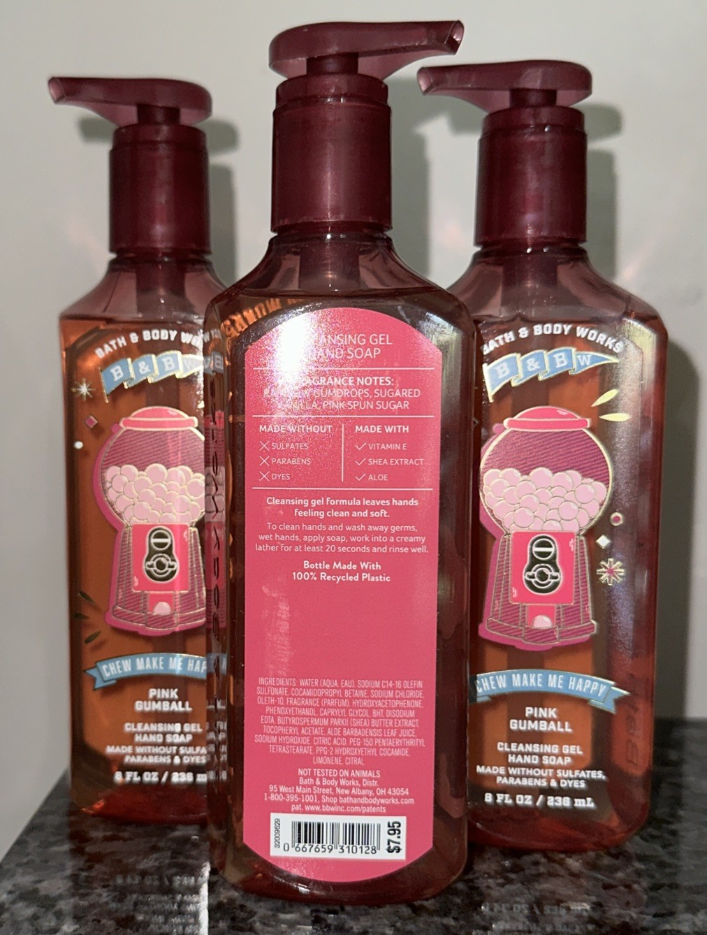 3 NEW BATH & BODY WORKS PINK GUMBALL BUBBLE GUM CLEANSING GEL HAND SOAP WASH 8OZ