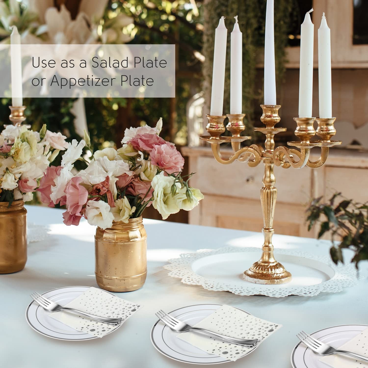 Stylish 7.5 Inch White and Silver Plastic Plates, Disposable Forks and Cockta…