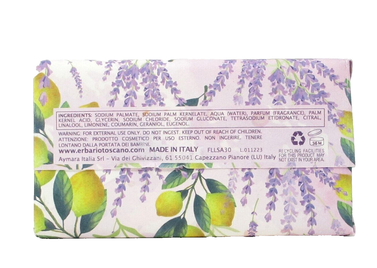 Italian Luxury Vegetable Bath Bar Soap Lavender & Lemon Scented large 10.5oz