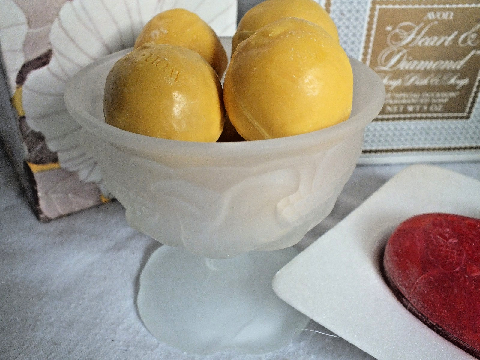 3 Avon Heart & Diamond soap and dish FRUIT BOUQUET glass Flowerfrost sherbet lot
