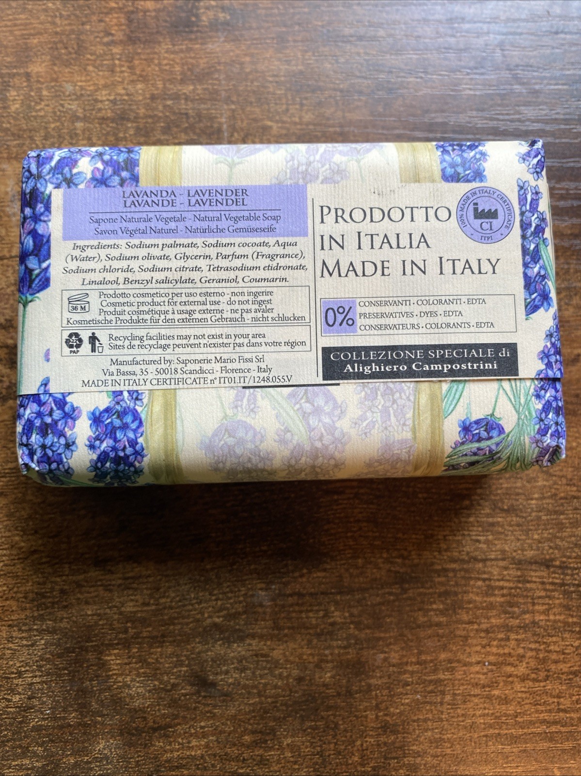 Saponerie Mario Fissi Lavender Vegetable Bath Soap 9.7oz Bar Made in Italy