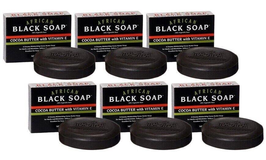 Madina African Black Soap Cocoa Butter with Vitamin E 3.5 oz (Pack of 6)