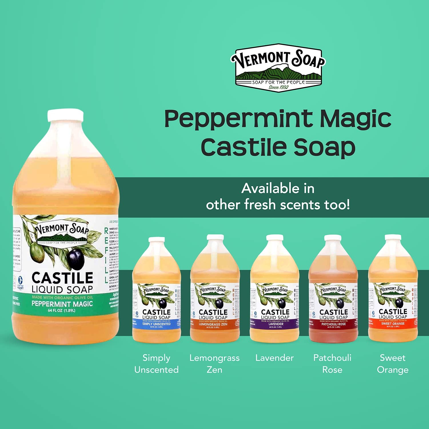 Vermont Castile Soap Peppermint, Gentle Liquid for 64 Fl Oz (Pack of 1)