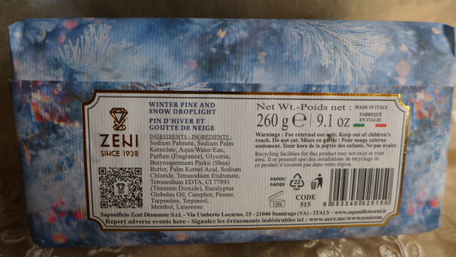 ZENI Bar Soap Gift Wrapped Scented WINTER PINE & SNOW DROPLIGHT Italy Triple Mil