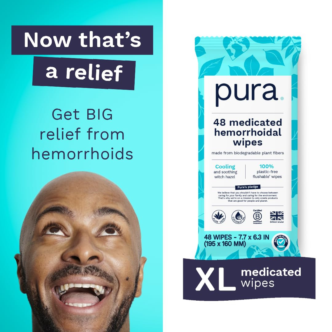 Pura XL Flushable Medicated Wipes for Hemorrhoid Relief, Extra-Large, Fragrance-