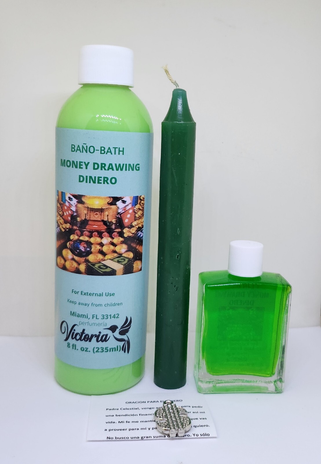 ATRAE DINERO BAÑO DESPOJO VELA PERFUME ORACION Y AMULETO INSTRUCCIONES INCLUIDAS