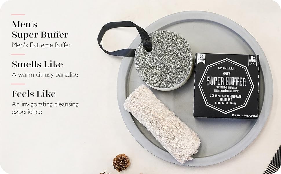 Spongellé Men’s Super Buffer, Verbena Absolute | 20+ Washes | Body Wash Infused