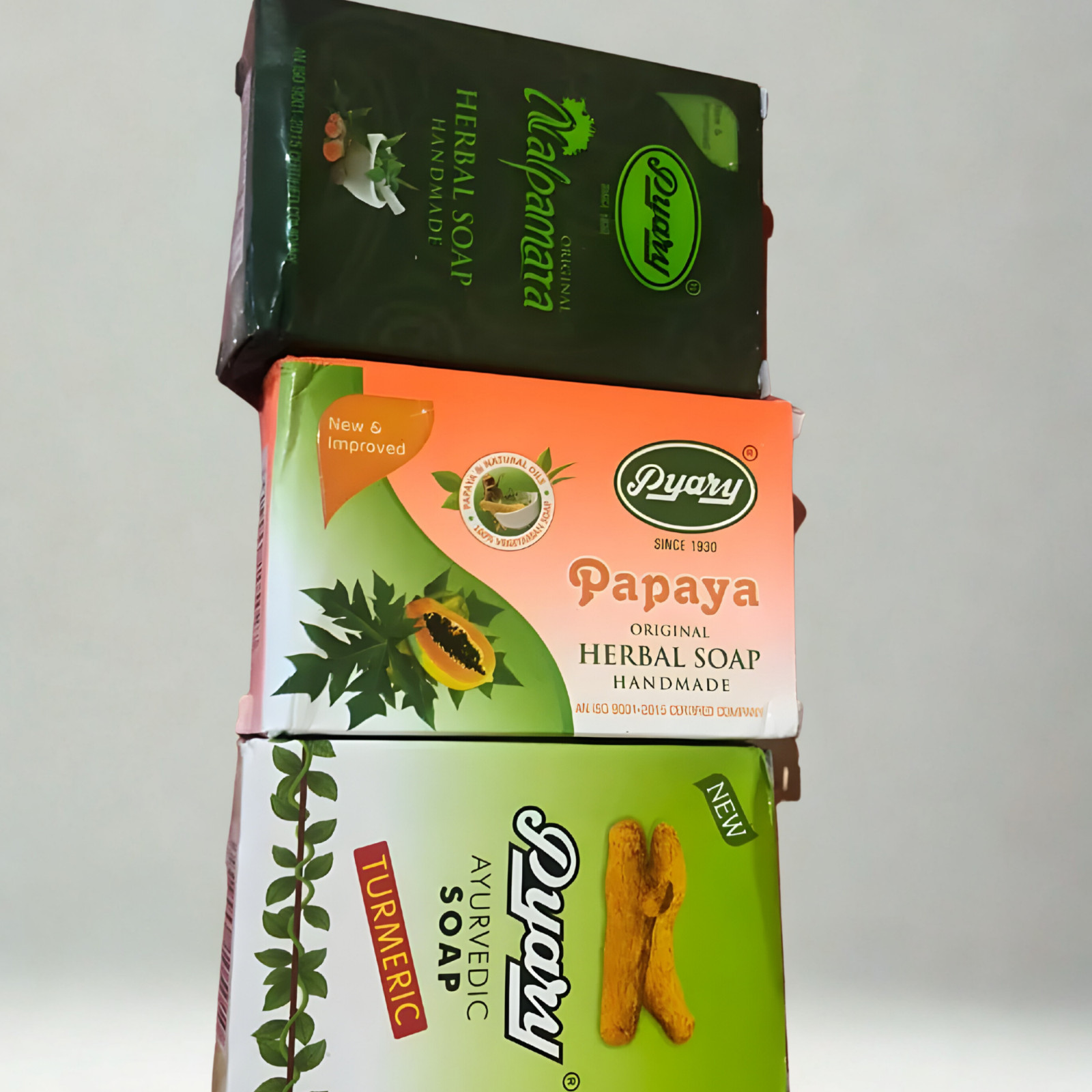 Pyary Herbal Beauty Soap Set of 3 – Turmeric, Nalpamara & Papaya Ayurvedic Bars