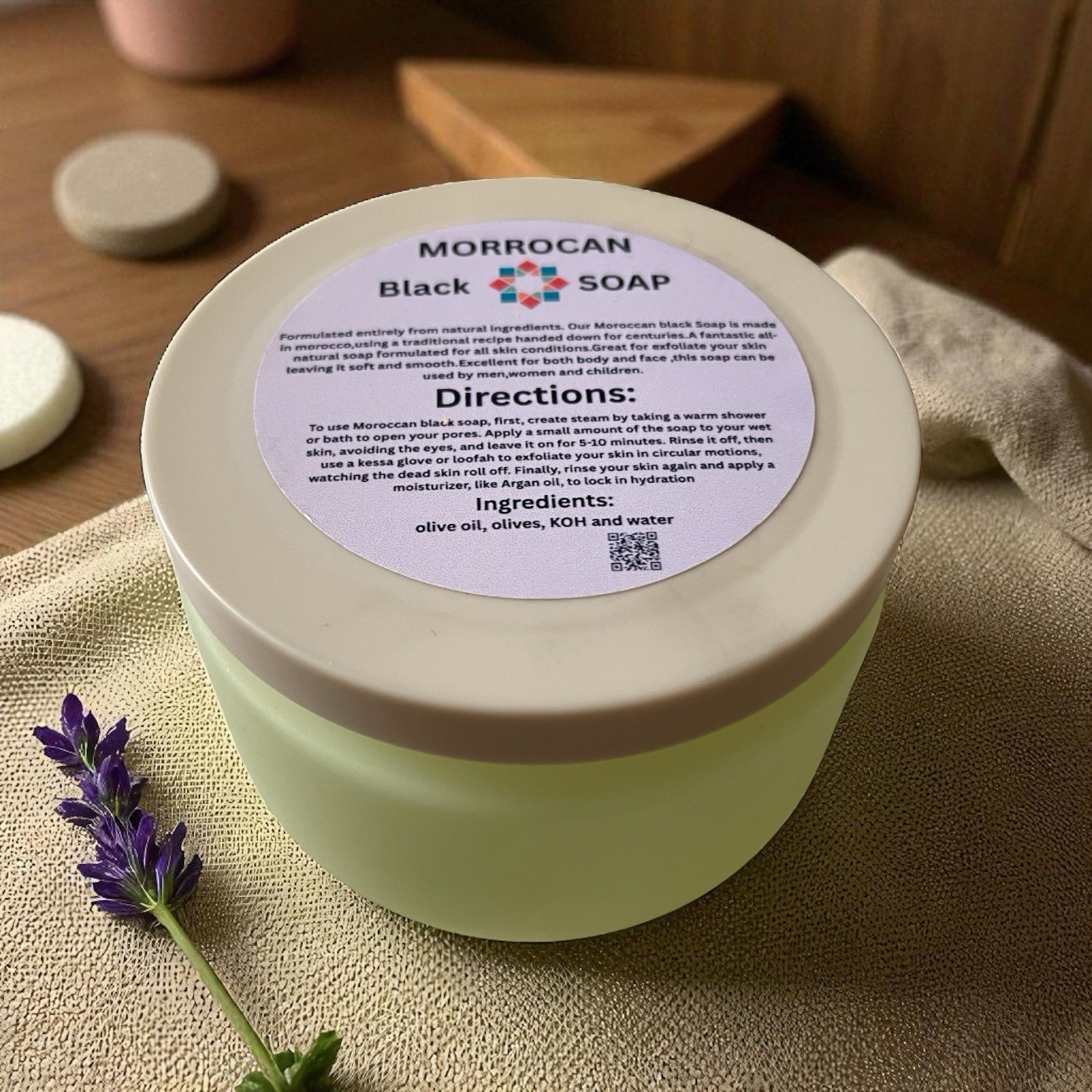 Natural Moroccan Black Soap With Lavender 300g .