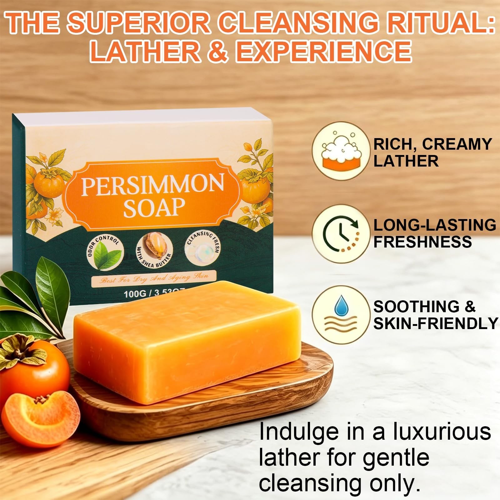 2PC Natural Deodorizing Persimmon Soap for Dry Aging Skin, Green Tea Extract, Ge