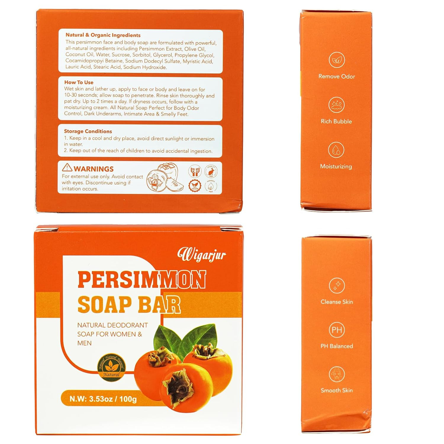 3 PCS Persimmon Soap Bar for Old People Smell, Natural Deodorant Body Face Bar