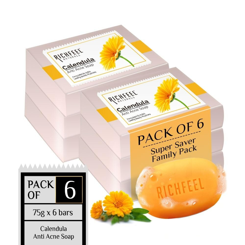 Richfeel Calendula Anti Acne Bath Soap Acne Blemishes Skin Prone 75g Pack Of 6