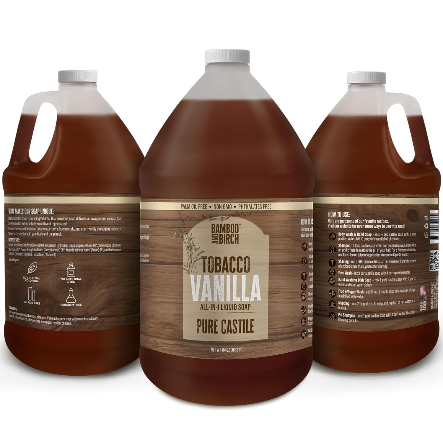 Bamboo & Birch Organic Castile Soap Tobacco Vanilla 64 oz Palm Oil Free