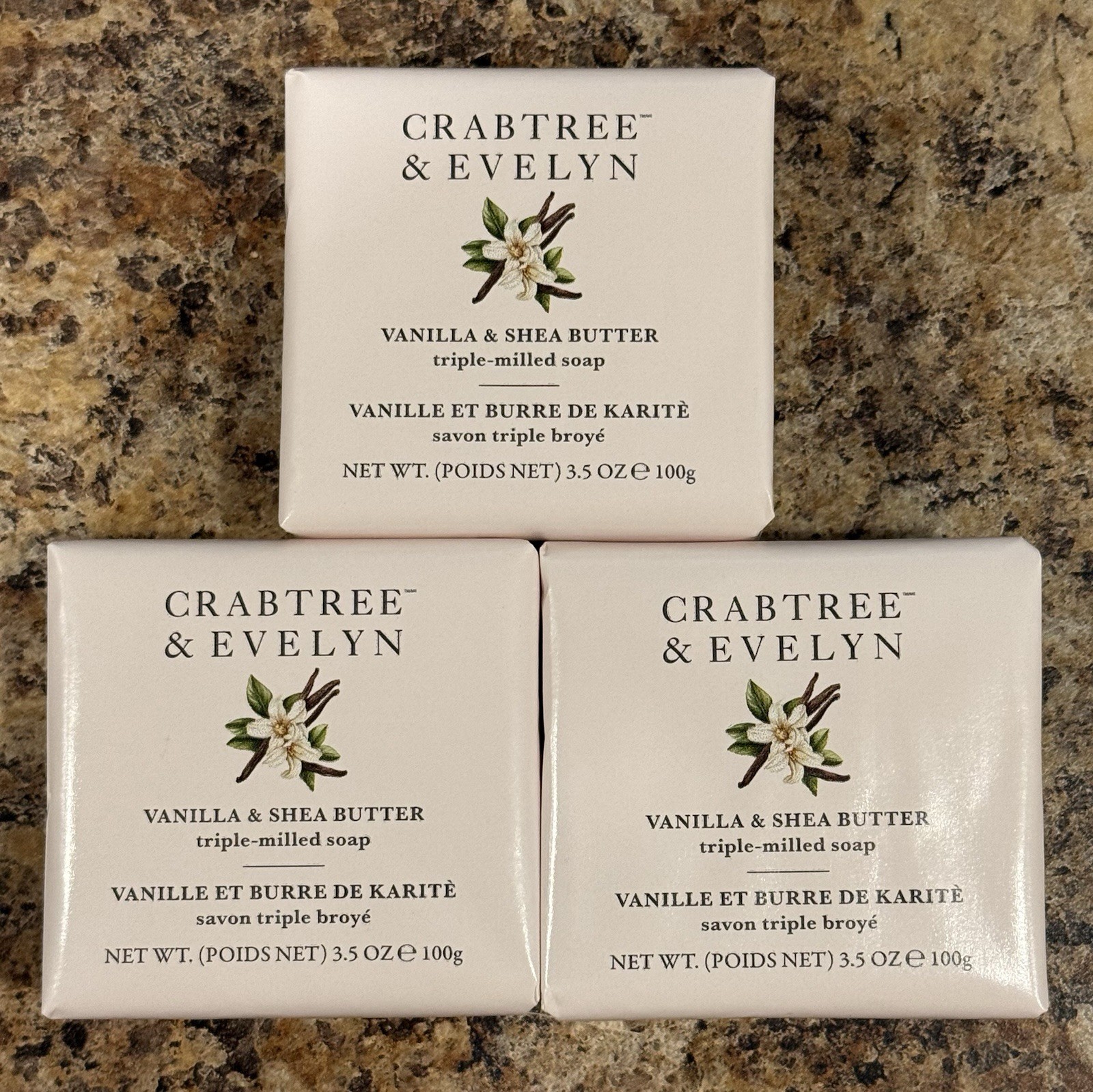 Crabtree & Evelyn VANILLA & SHEA BUTTER Triple Milled Soap Bar Set of 3-3x 3.5oz
