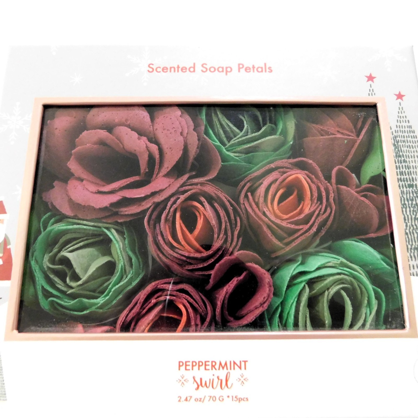 Scented Rose Soap Petals Set Peppermint Swirl Holiday-Themed Sealed Box