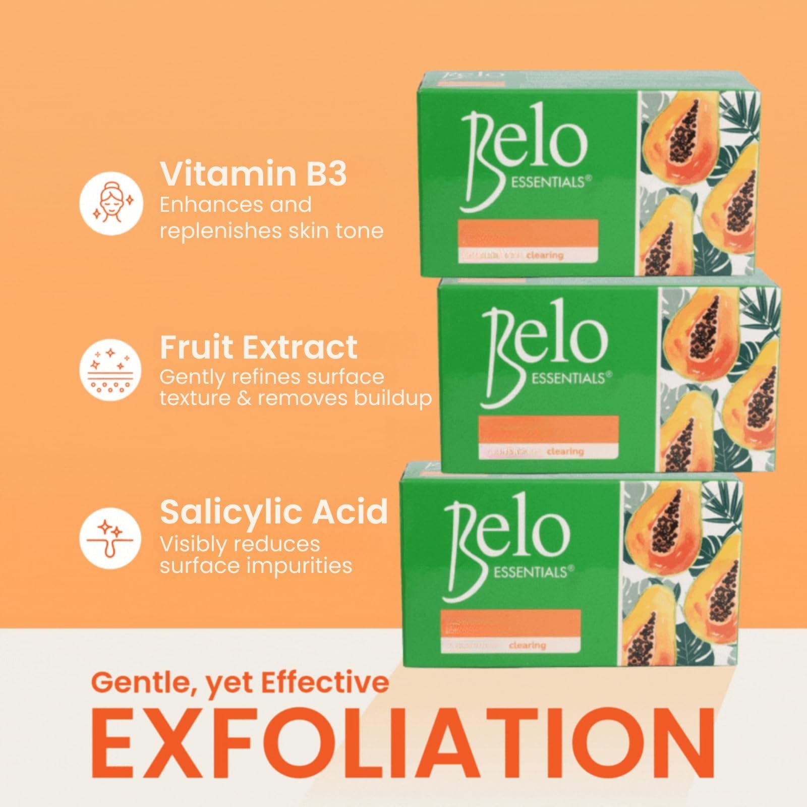 Belo Essentials Papaya Brightening + Clearing Soap Papaya Enzymes, 65g x 9 Bars